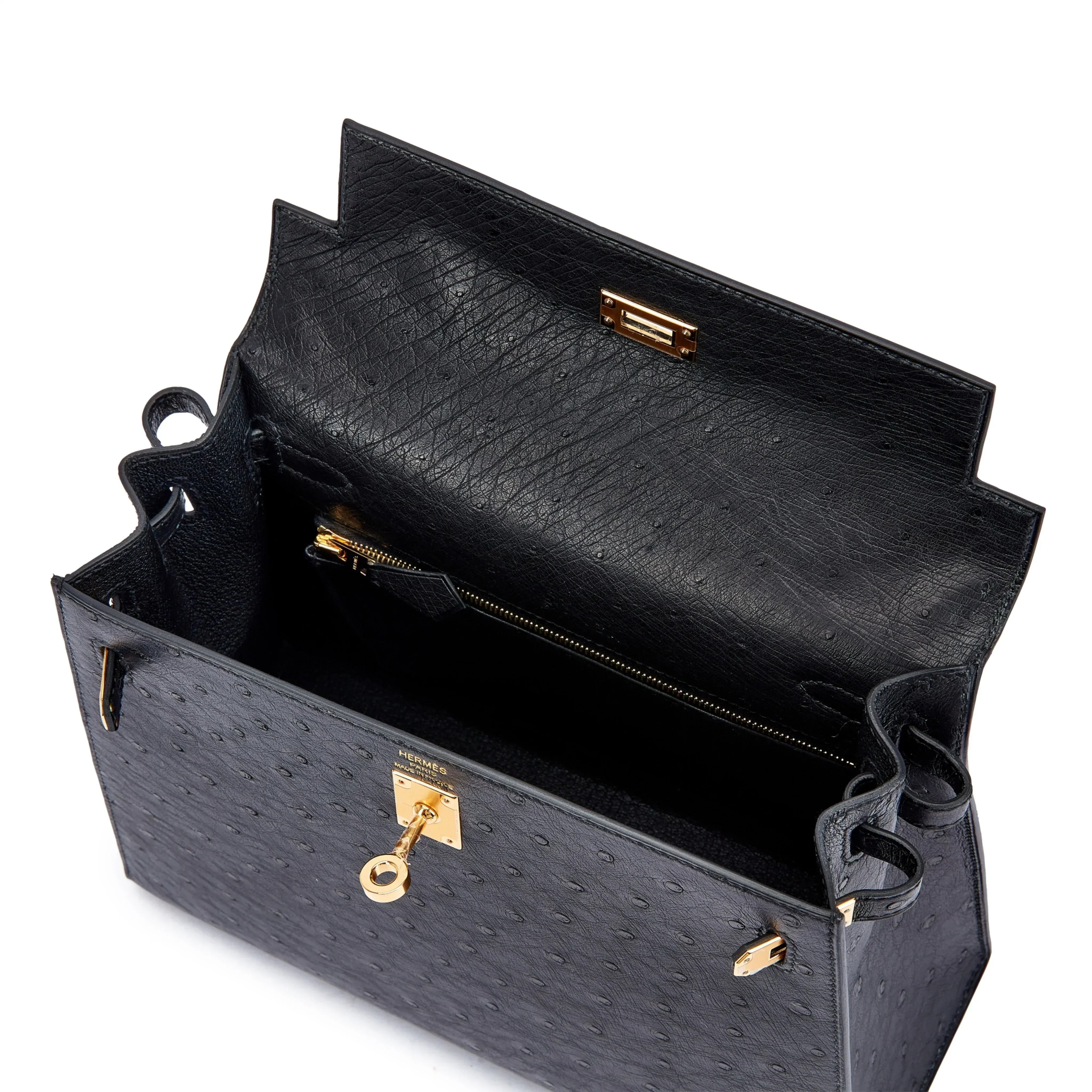 Kelly 25 Sellier Black Ostrich Gold Hardware